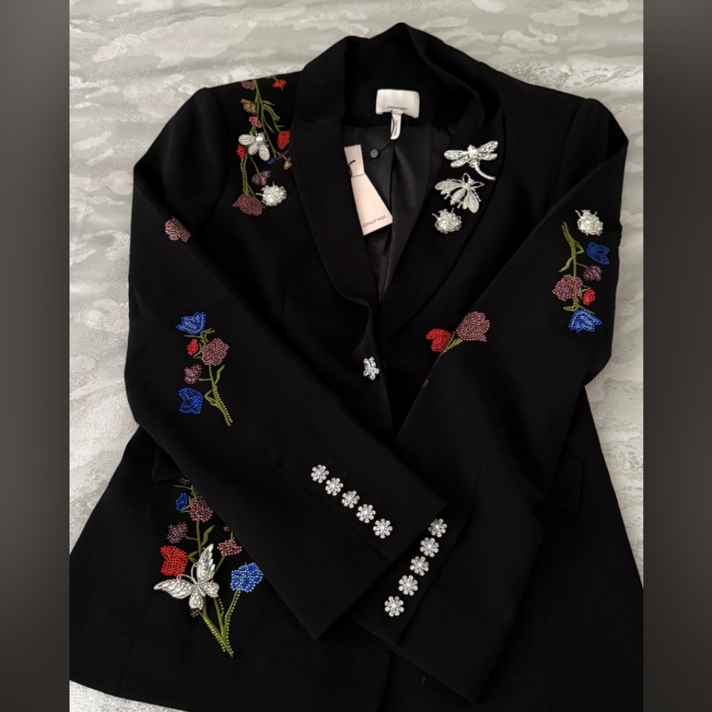 Cinq A Sept Embroidered Black Blazer with Floral Accents